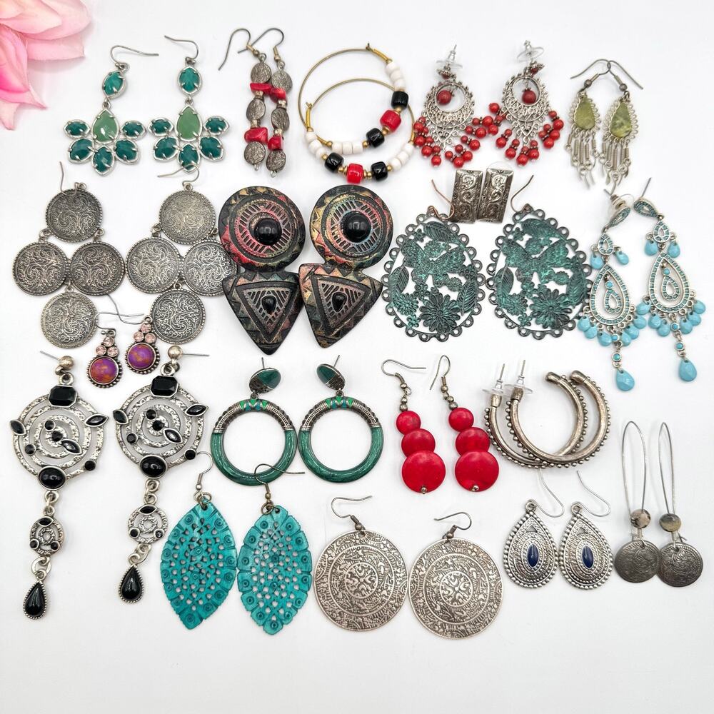 Festival Tribal Boho Earring Lot 19 Pair Pierced Earrings Eastern Bali Style